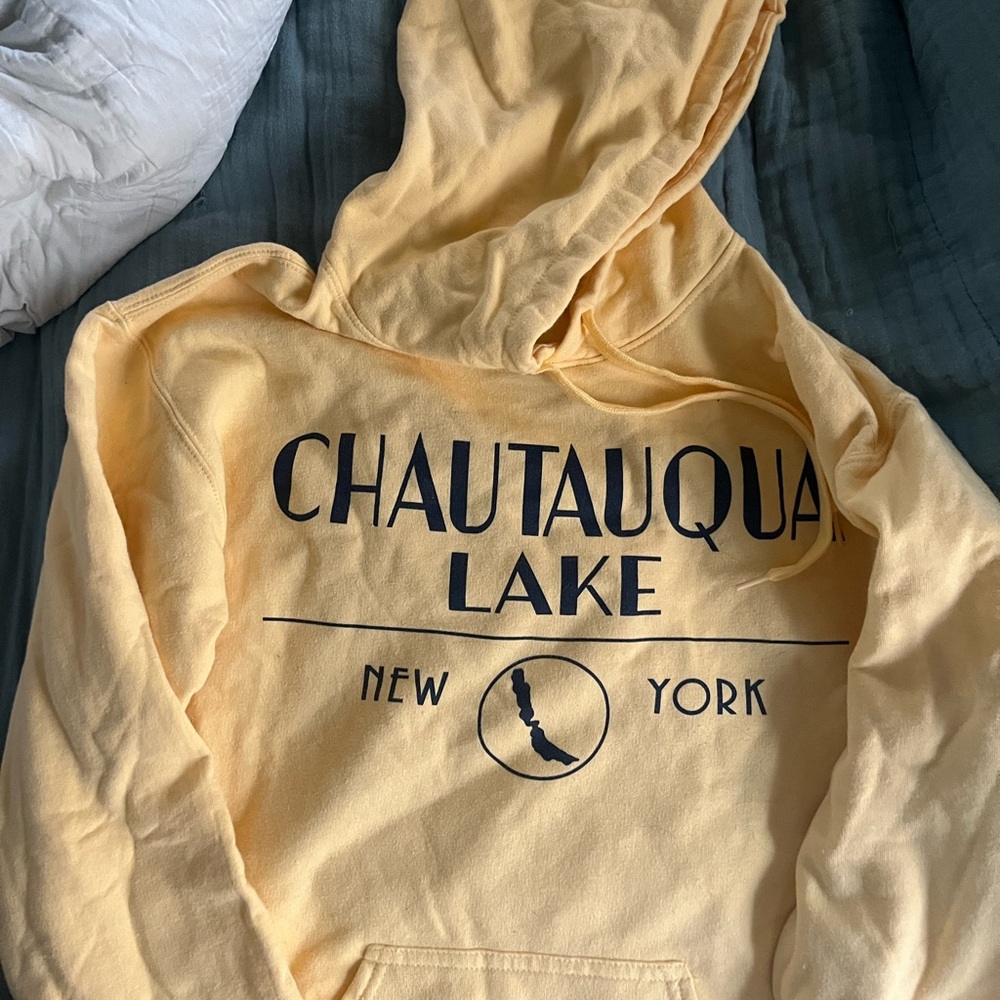 Chautaqua lake Pale Yellow Hoodie with Black Logo Tag